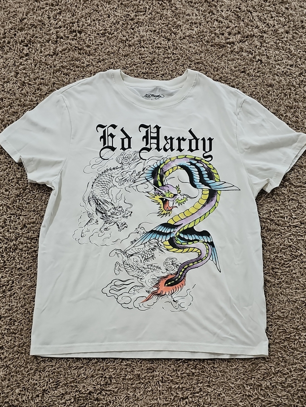 Ed Hardy Serpent Dragon Graphic T-Shirt Cream Tattoo Art Unisex Large Tee